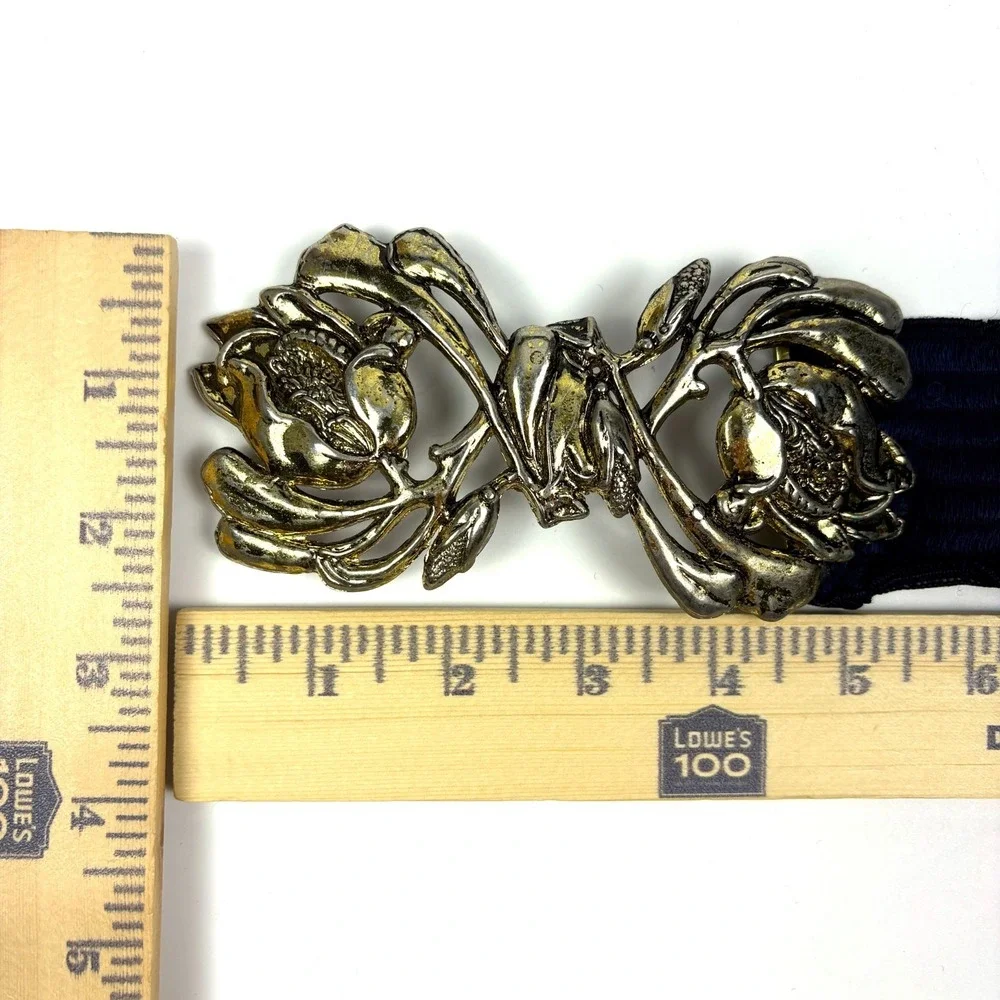 VTG 80s Waist Cincher Floral Buckle Belt Gold Hardware Navy Elastic Band‎ Boho
